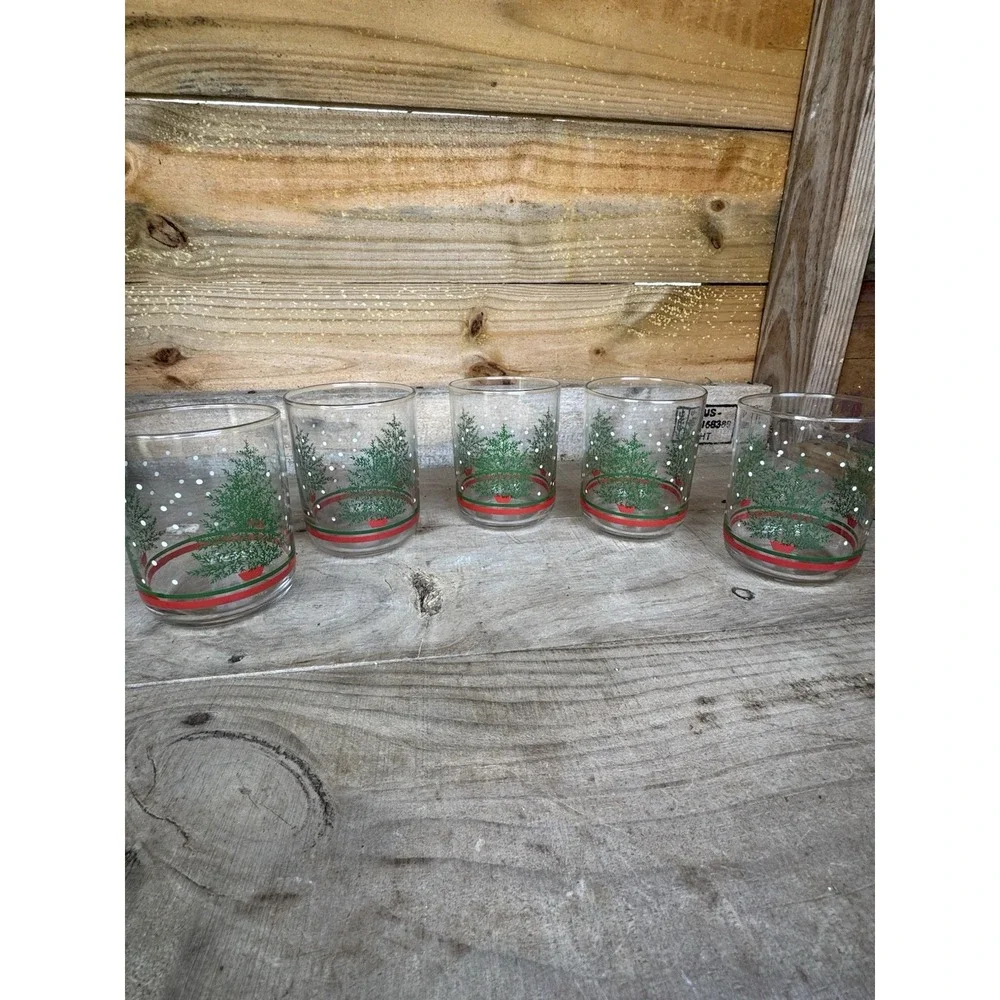 5 Vintage Libbey Christmas tree snow‎ dots double old fashioned glass tumblers
